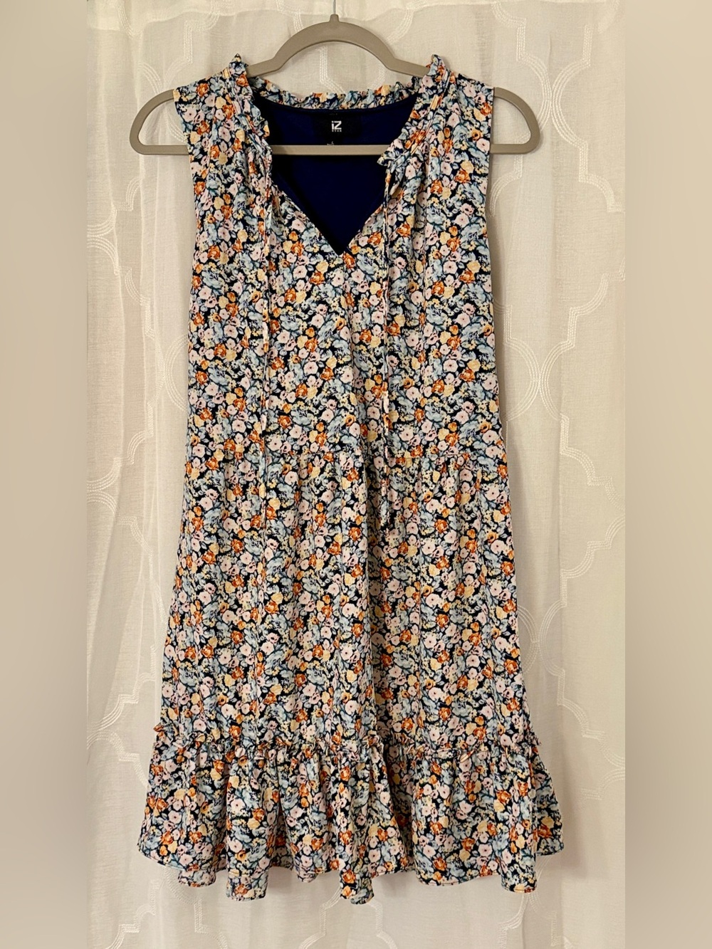 IZ Byer Large Navy Floral Sleeveless Ruffle Hem Mini Dress